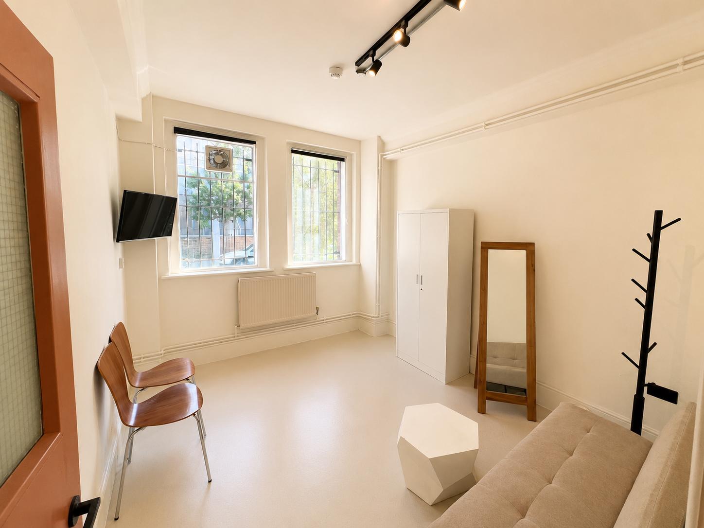The Self-Tape Room — south-facing windows, TV and mirror